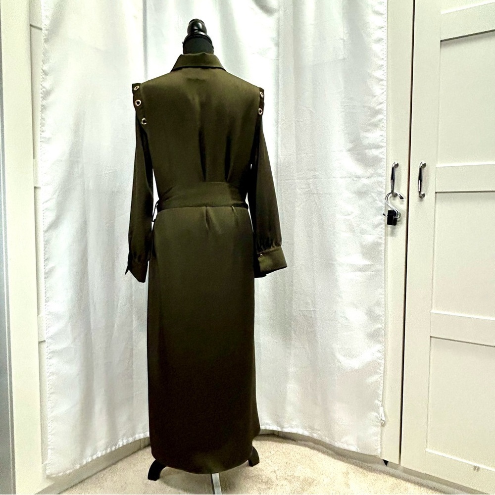 Zara Army green satin effect Grommet Eyelet Split Hem Belted Shirt Dress M NWT - Picture 6 of 14